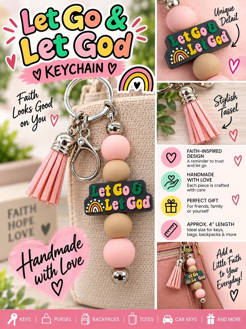 A76. Let Go & Let God Keychain Pink & Tan NWT
